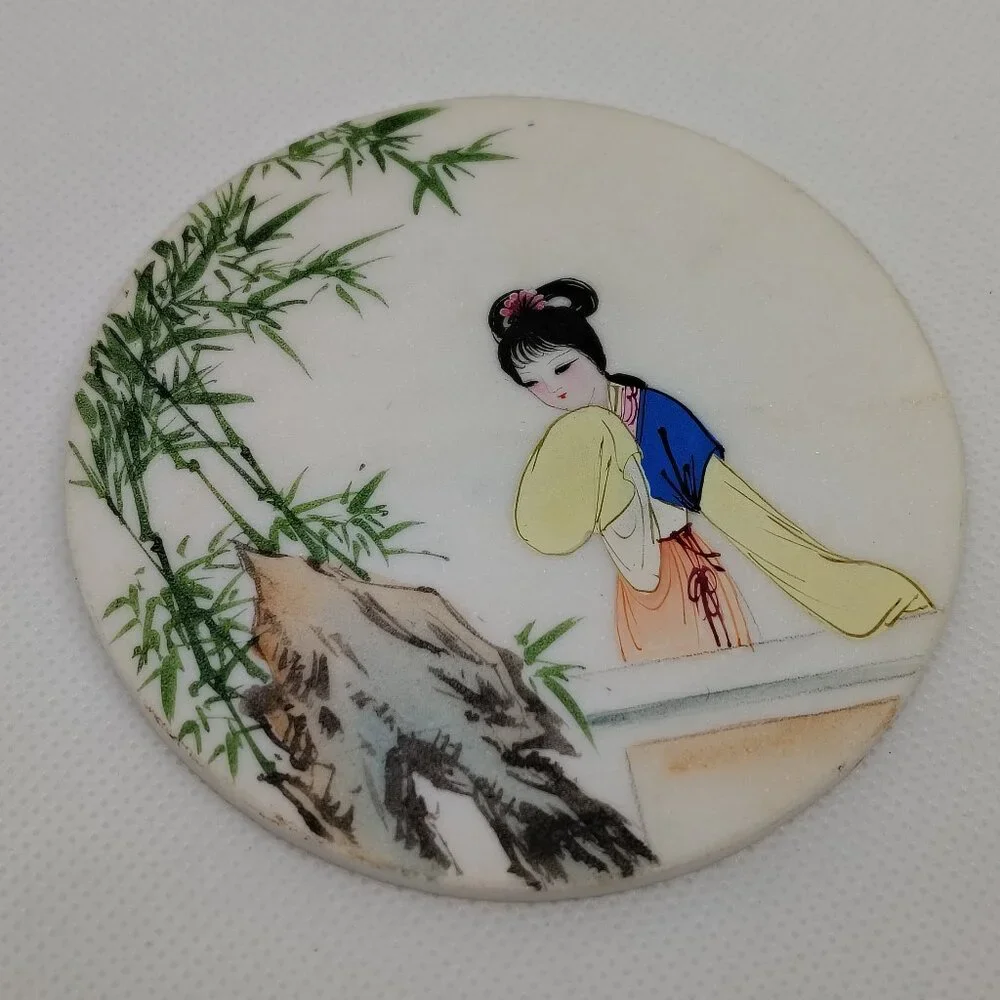 Collectible Japanese Marble Painting Small Round Geisha Girl Mountainous Scene